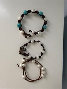 Beaded Leather Wrap Bracelets - Turquoise & Pearly White - Set of 3